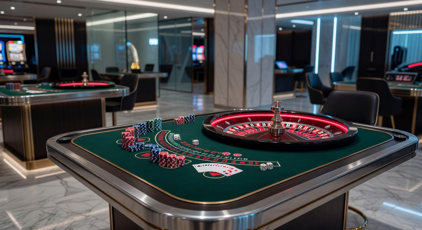 A vibrant casino floor featuring rows of slot machines and classic table games under bright lights