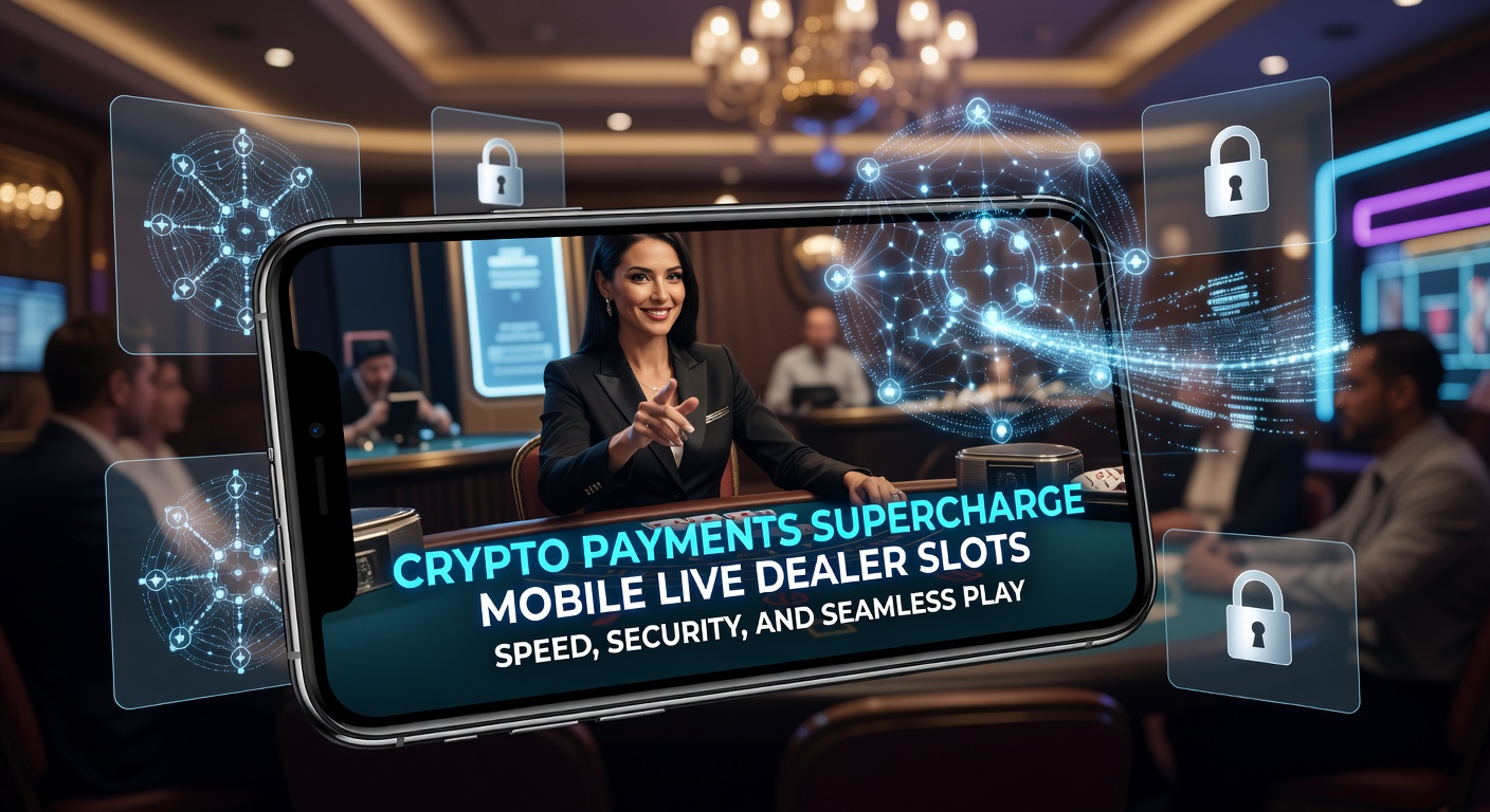 Mobile phone screen displaying a live dealer slot game with cryptocurrency transaction icons overlayed, highlighting fast spins and secure blockchain elements