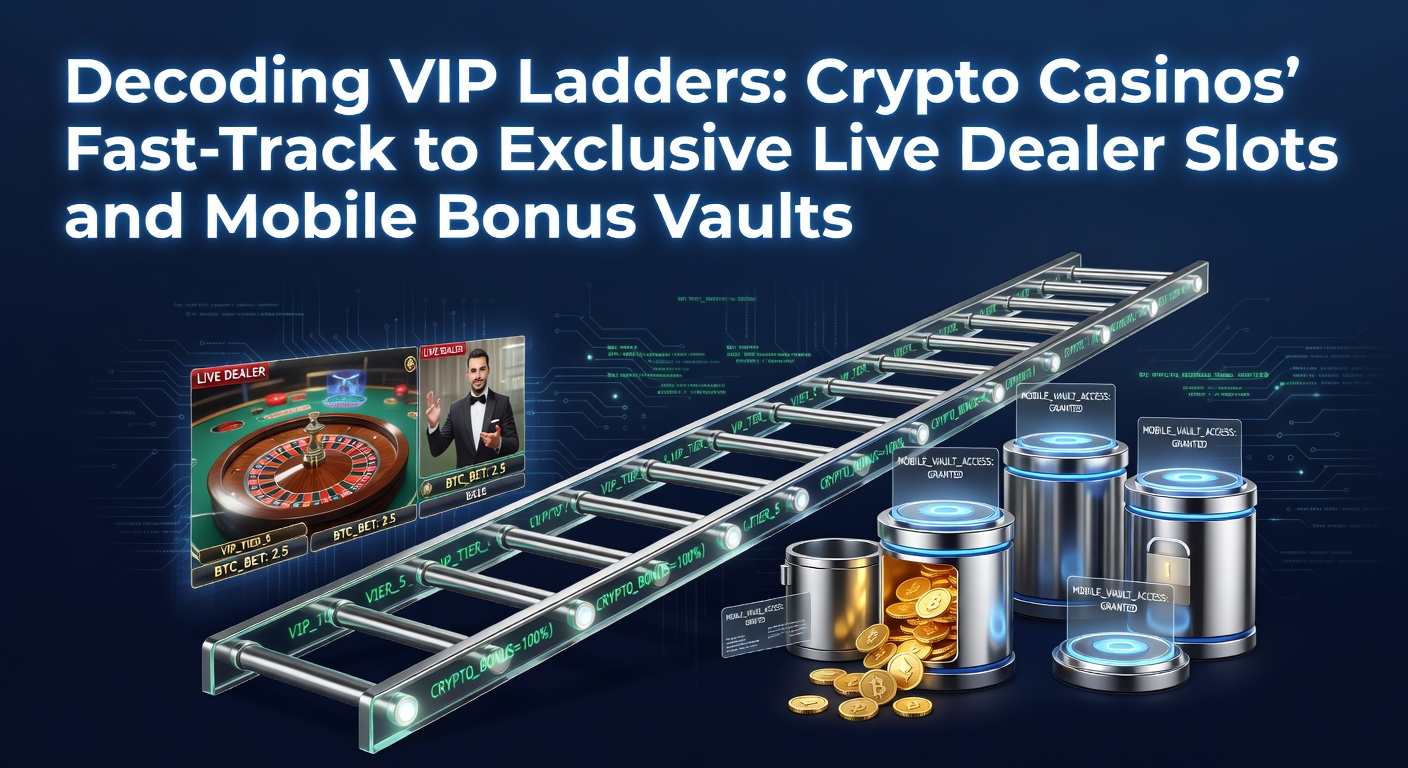 Visual representation of a glowing VIP ladder in a crypto casino interface, showing tiers from bronze to diamond with crypto icons and slot symbols climbing upward
