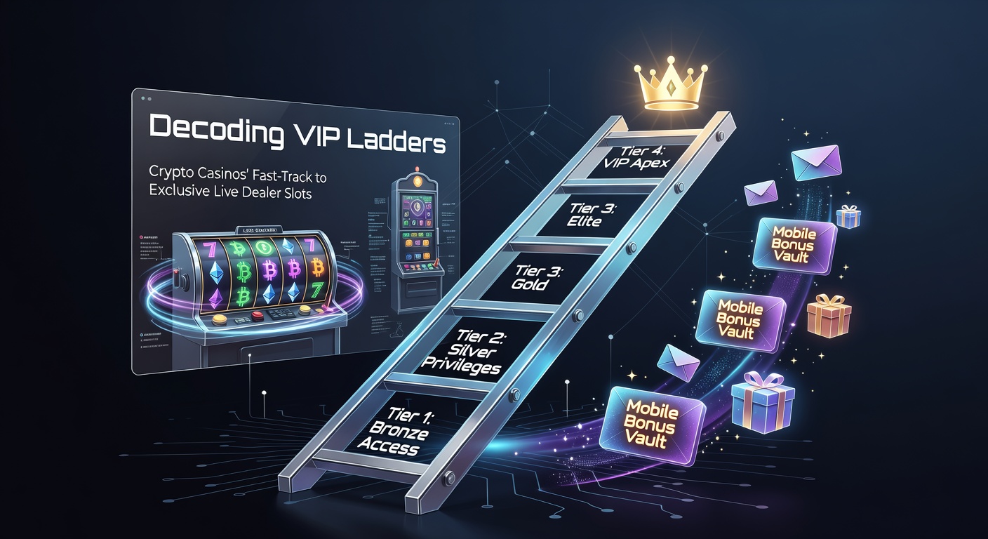 Screenshot of a mobile app displaying a VIP bonus vault overflowing with crypto rewards, tier icons, and locked exclusive slot previews