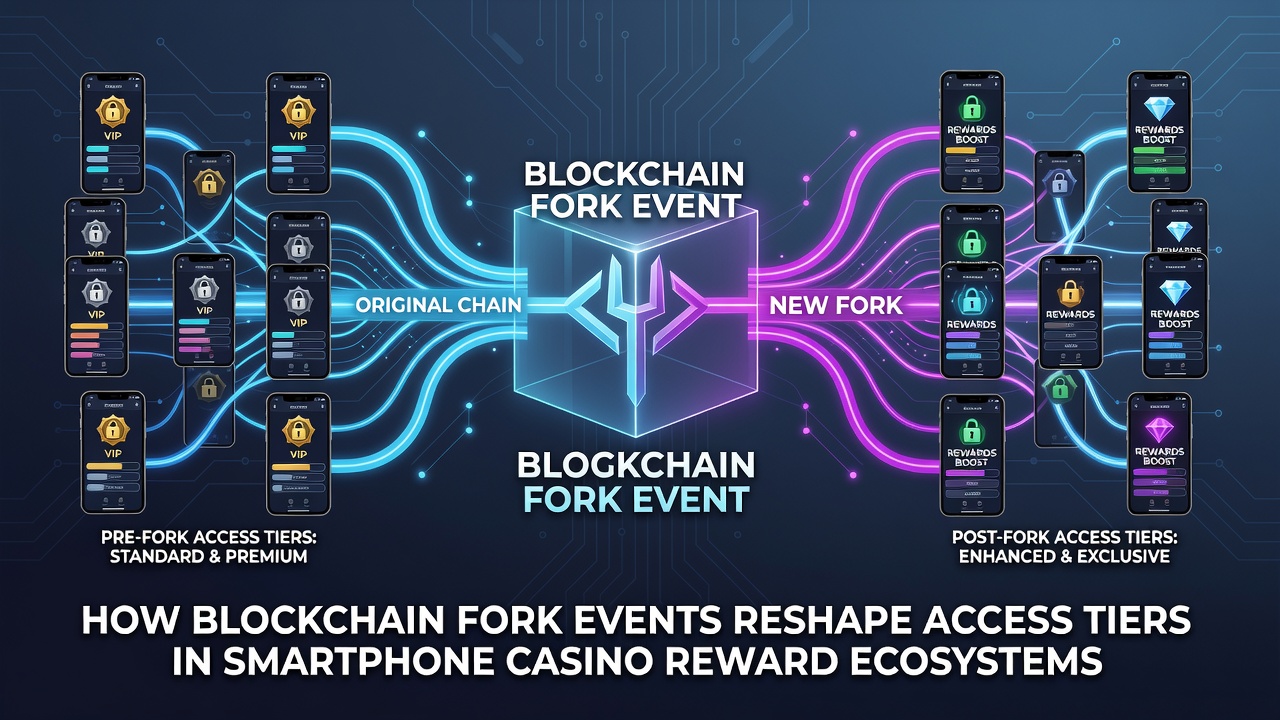 Mobile interface showing updated casino loyalty tiers post-fork with crypto balance reconciliation screens