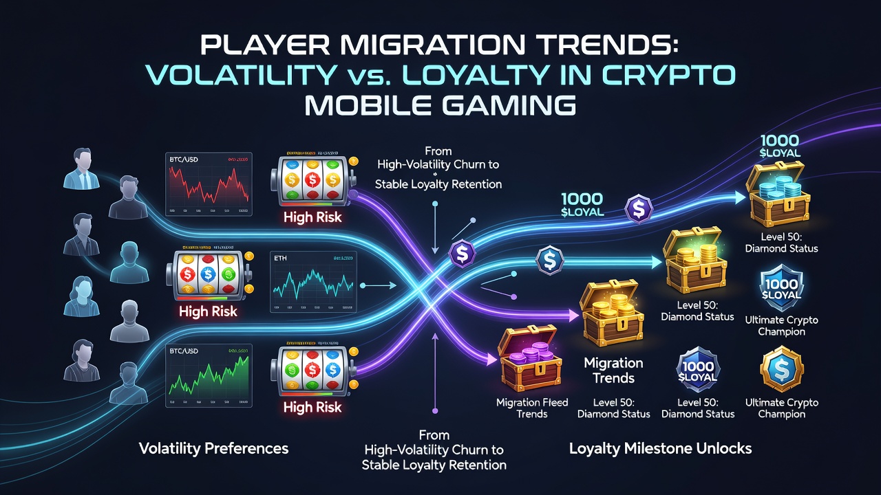 Illustration showing mobile gaming interfaces with volatility indicators and loyalty progress bars in crypto environments