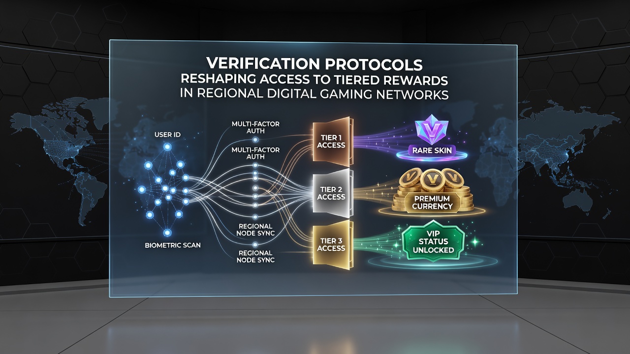 Verification protocols in digital gaming networks showing secure login interfaces and tiered reward dashboards