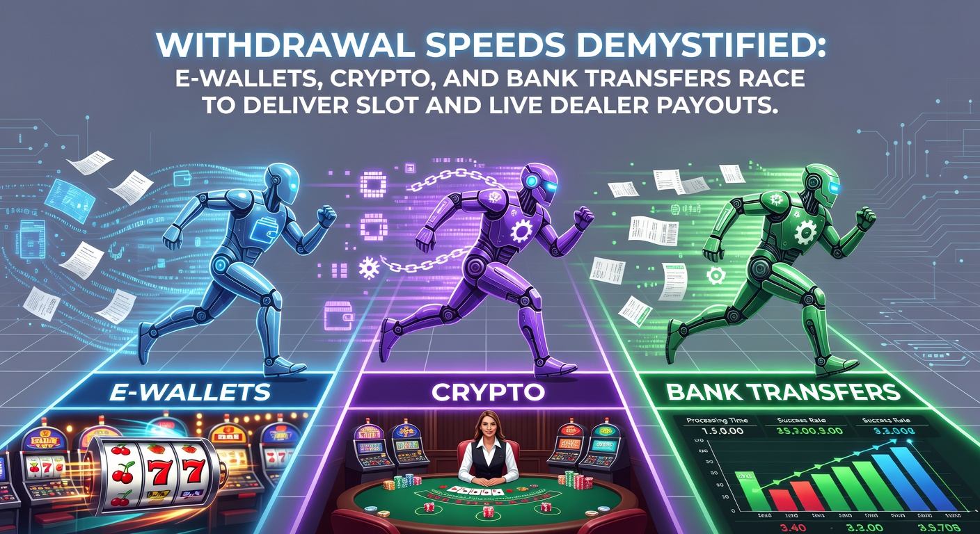 Infographic comparing average withdrawal times for e-wallets, crypto, and bank transfers in online casinos, highlighting speeds for slot and live dealer wins